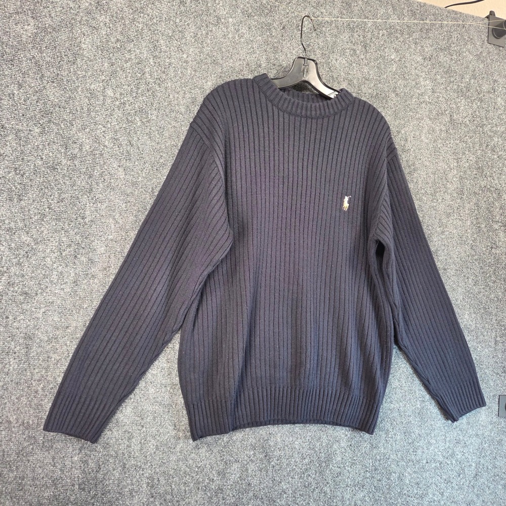 Vintage Polo Sport‎ Ralph Lauren Ribbed Crewneck Pullover Sweater XL Navy Cotton - Picture 3 of 12